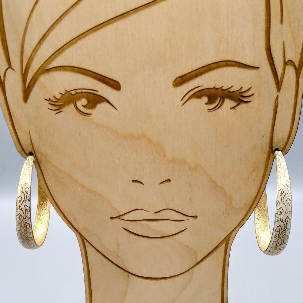 Vintage Boho Hoop Earrings, Gold Tone with White Enamel Wash on Embossed Leafy